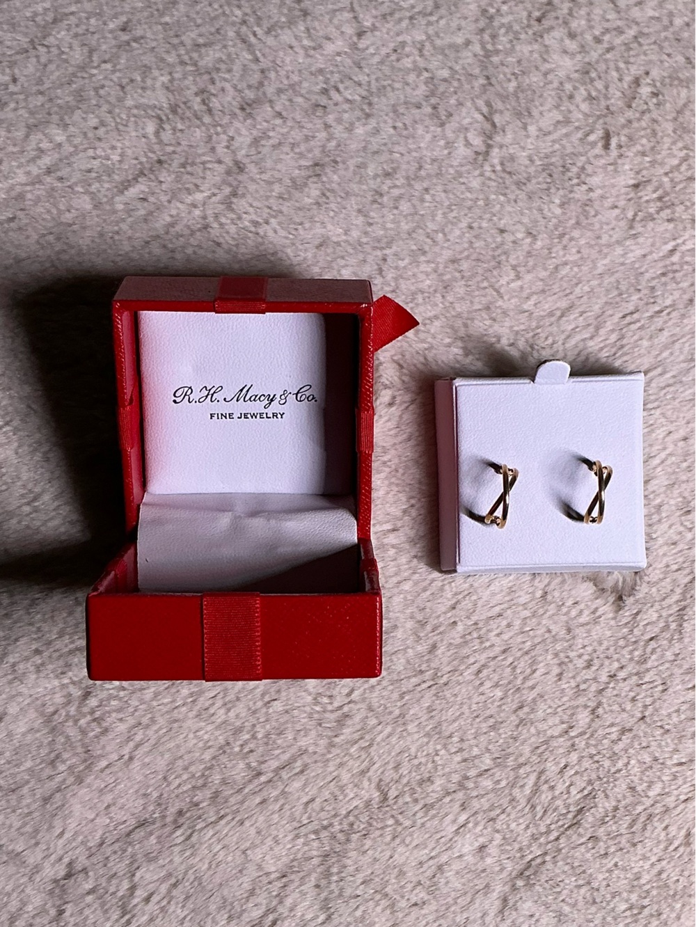 R. H. Macy and Co Gold Twist Hoop Earrings Red Jewelry Box